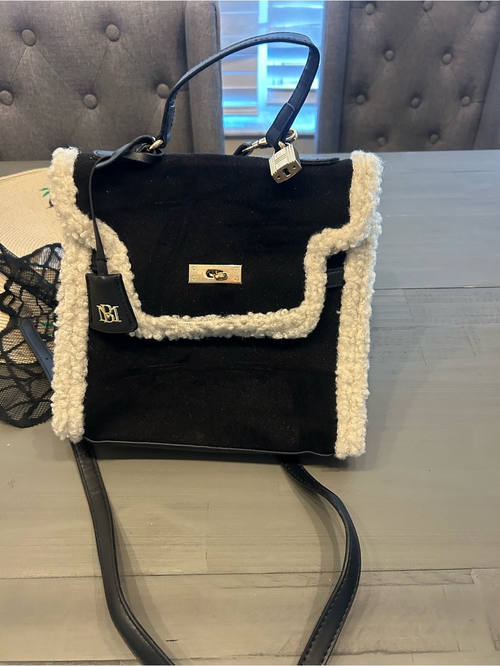 Badgley Mischka Black Satchel with Cream Shearling Trim